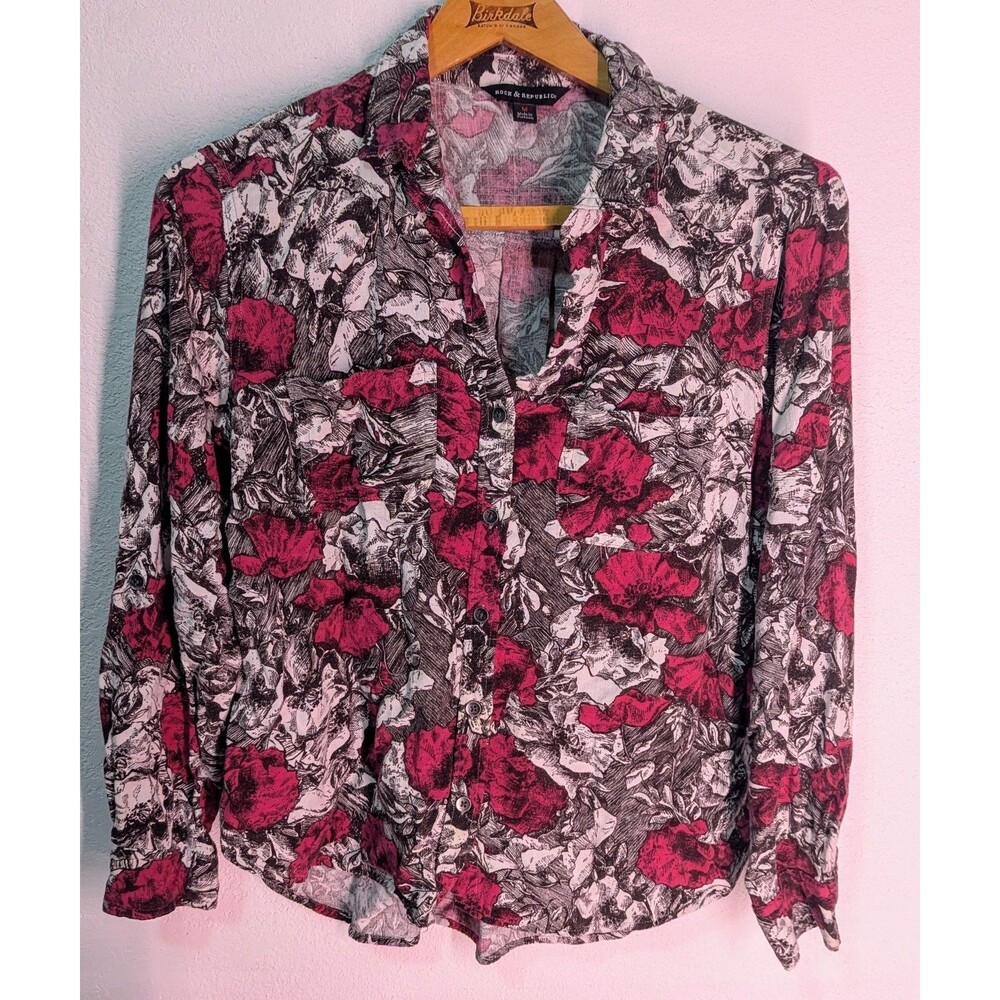 Rock & Republic Women's Size M Medium Floral Long Sleeve Button Down Blouse (122